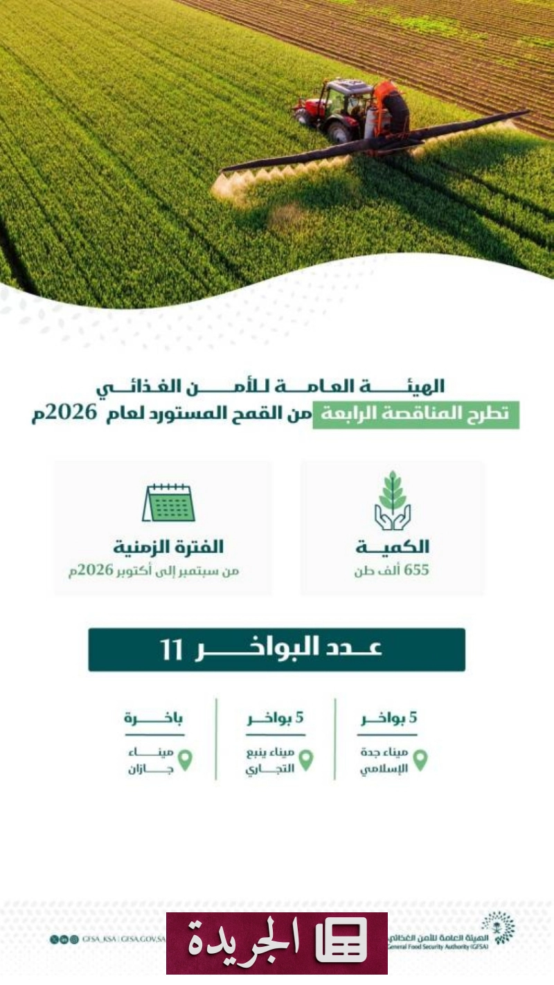 الهيئة العامة للأمن الغذائي تطرح مناقصة استيراد ٦٥٥ ألف طن قمح - آخر الأخبار - الجريدة