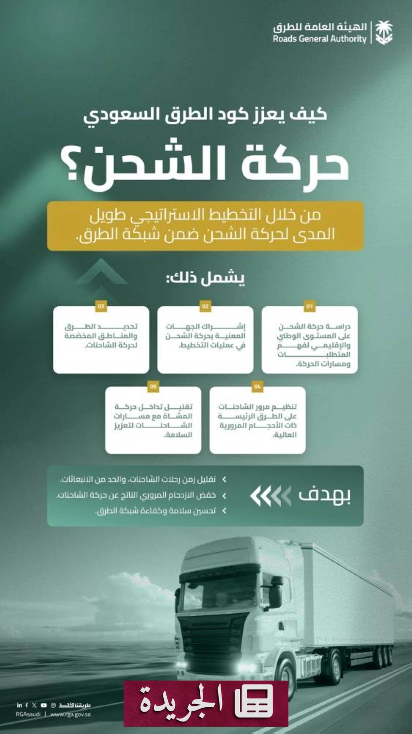 الهيئة العامة للطرق تكشف دور الكود السعودي في تعزيز حركة الشحن - آخر الأخبار - الجريدة