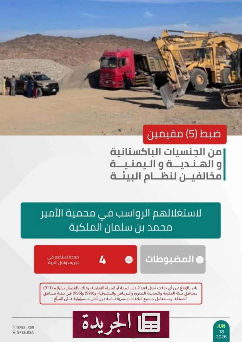 القوات البيئية تلقي القبض على خمسة مخالفين لاستغلالهم محمية الأمير محمد بن سلمان - آخر الأخبار - الجريدة
