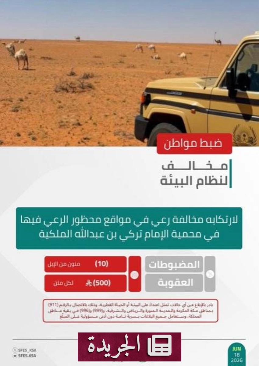 القوات البيئية تلقي القبض على مواطن لحيازة عشرة متون من الإبل في محمية محظورة - آخر الأخبار - الجريدة