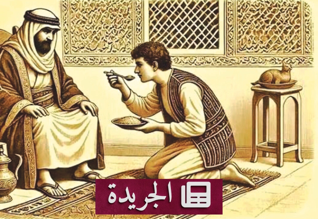 صورة توضح مشهد مائدة طعام في رواية عربية، مع التركيز على الأطباق التقليدية والأدوات المستخدمة
