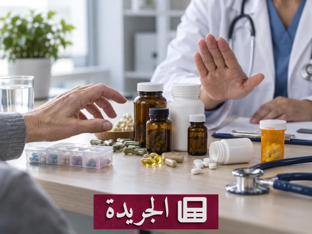 صورة توضح تحذيرات طبية بشأن المخاطر الصحية للمكملات الغذائية عند تفاعلها مع الأدوية.