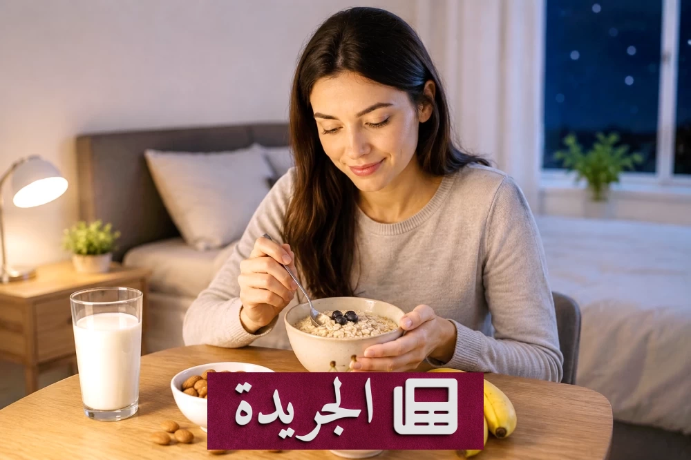 صورة توضح مجموعة من الأطعمة الصحية مثل الكرز واللوز والموز والشوفان والحليب الدافئ التي تعزز النوم الصحي