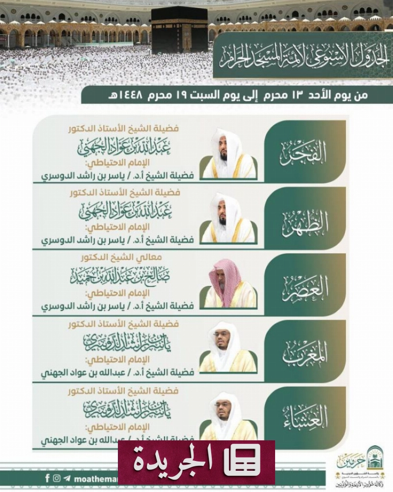 جدول أئمة المسجد النبوي للفروض الخمس - آخر الأخبار - الجريدة