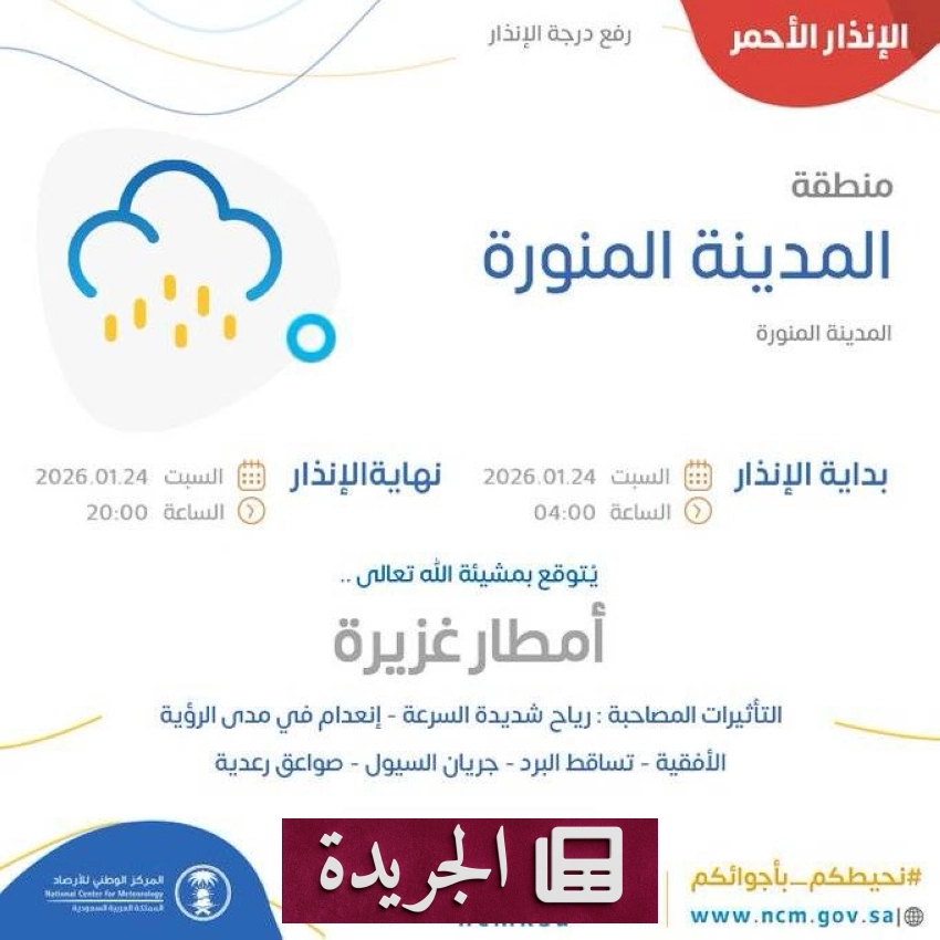 هطول أمطار متوسطة على المدينة المنورة مساء اليوم - آخر الأخبار - الجريدة