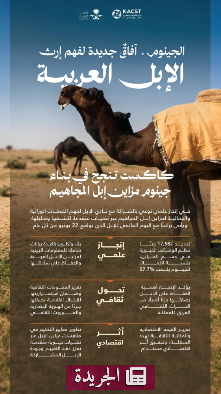 كاكست ونادي الإبل يحققان إنجازاً علمياً بتجميع جينومي لسلالة مجاهيم من الإبل العربية - آخر الأخبار - الجريدة
