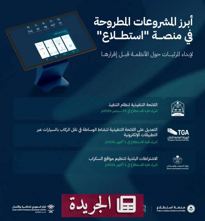 منصة استطلاع تطرح 28 مشروعا اقتصاديا وتنمويا للتشاور العام - آخر الأخبار - الجريدة