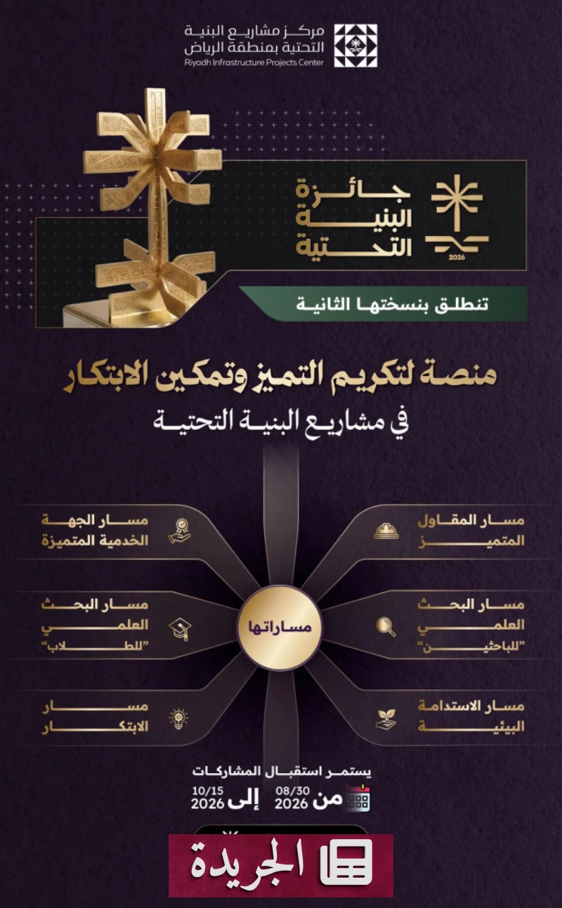 مركز الرياض يطلق جائزة البنية التحتية 2026 لتكريم التميز في القطاع - آخر الأخبار - الجريدة