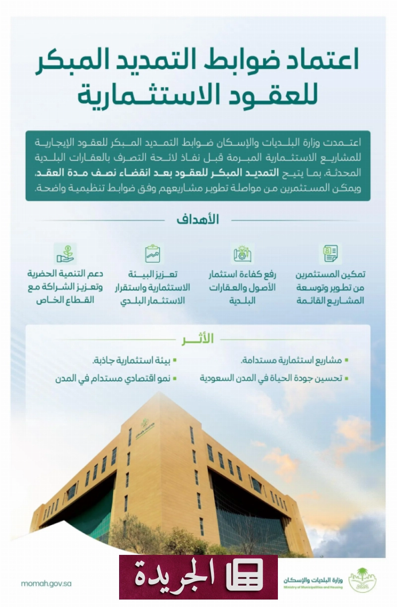 وزارة البلديات والإسكان تضع ضوابط لتمديد عقود المشاريع الاستثمارية الكبيرة - آخر الأخبار - الجريدة
