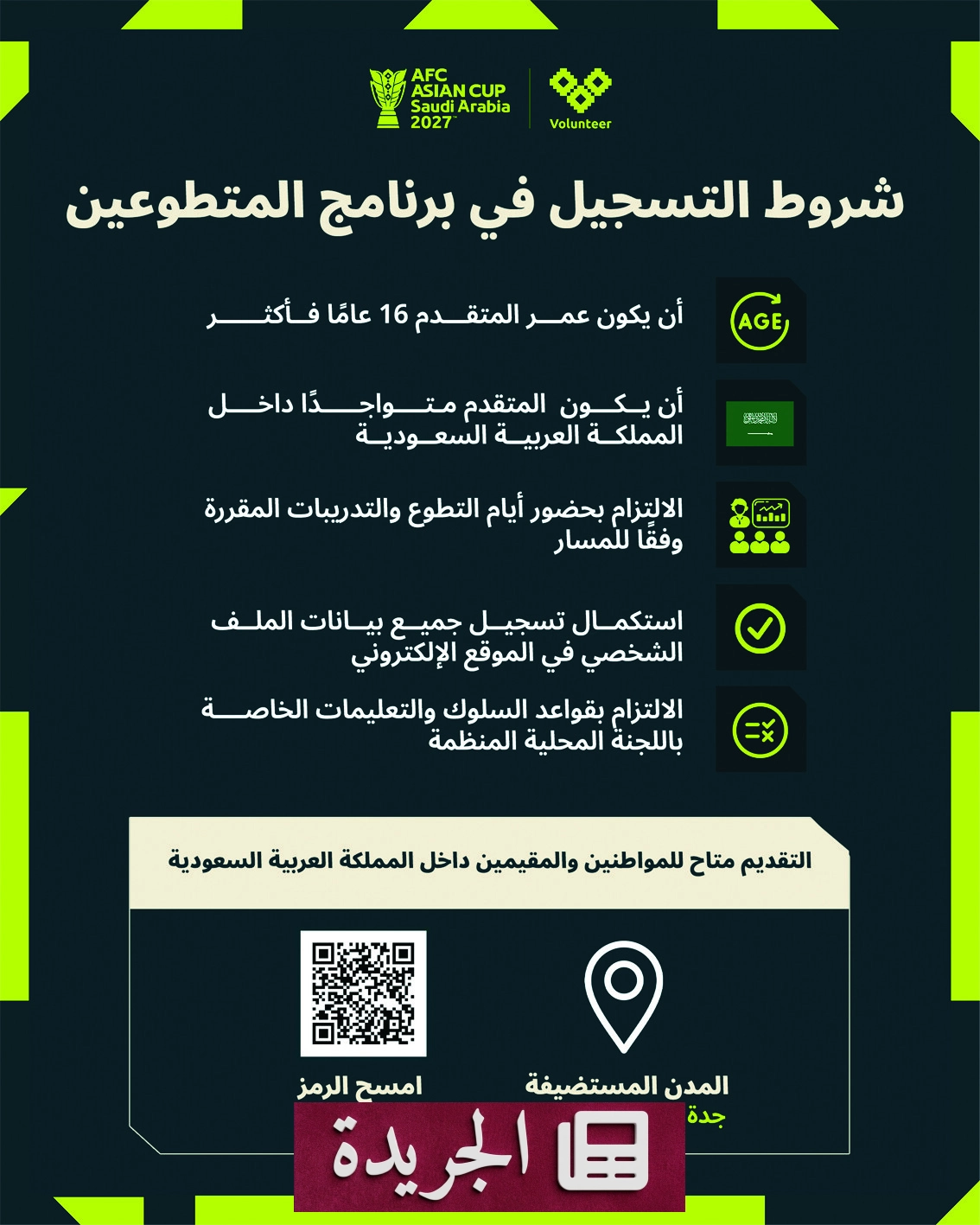 شروط التسجيل في برنامج المتطوعين لكأس آسيا 2027 بالمملكة - آخر أخبار الجريدة